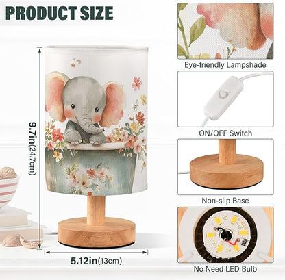 Cute Elephant Pink Floral in Tub Table Lamp with Wood Base Fabric Lamp Shade Bedside Nightstand Desk Lamp for Living Room Bedroom Kids Room Office
