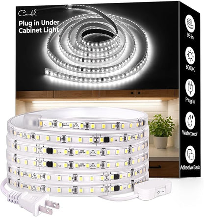96inch Plug in Under Cabinet Lighting Strip for Kitchen, 120V Bright LED Under Counter Lights 6000k White Slim, Luces para Cocina Bajo Gabinete Under Shelf Wired Light for Sink/Workbench/Bookshelf