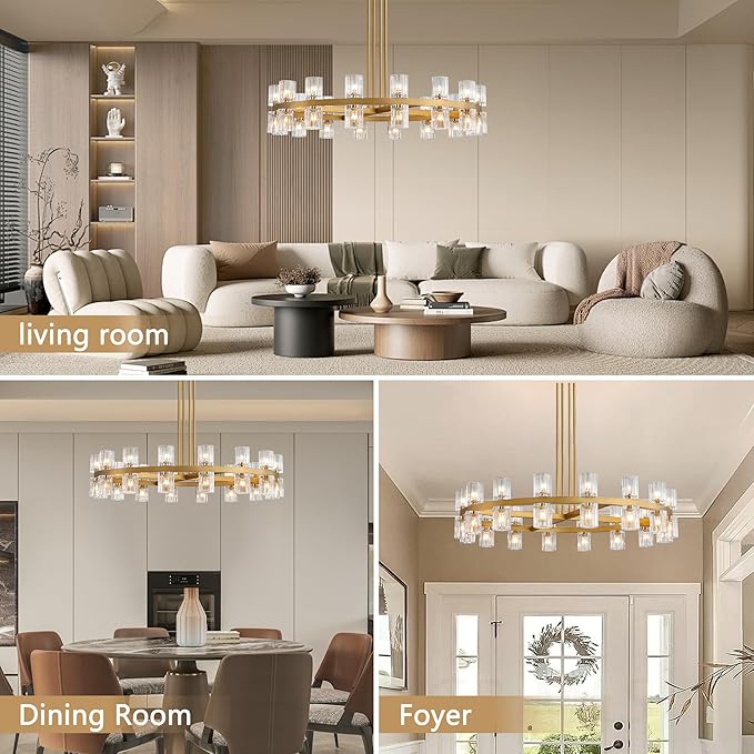 36" Gold Wagon Wheel Crystal Chandelier for Dining Room Over Table, Modern Round K9 Crystal Ceiling Chandelier Pendant Light Ideal for Living Room Entryway Foyer