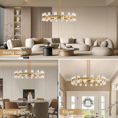 36" Gold Wagon Wheel Crystal Chandelier for Dining Room Over Table, Modern Round K9 Crystal Ceiling Chandelier Pendant Light Ideal for Living Room Entryway Foyer