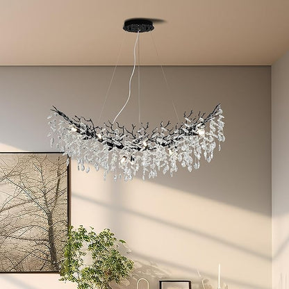Modern Crystal Tree Branches Chandelier, 47.5in Black 12 Lights Large Ceiling Hanging Light for Dining Room, Arc Raindrop Pendant Light Fixture