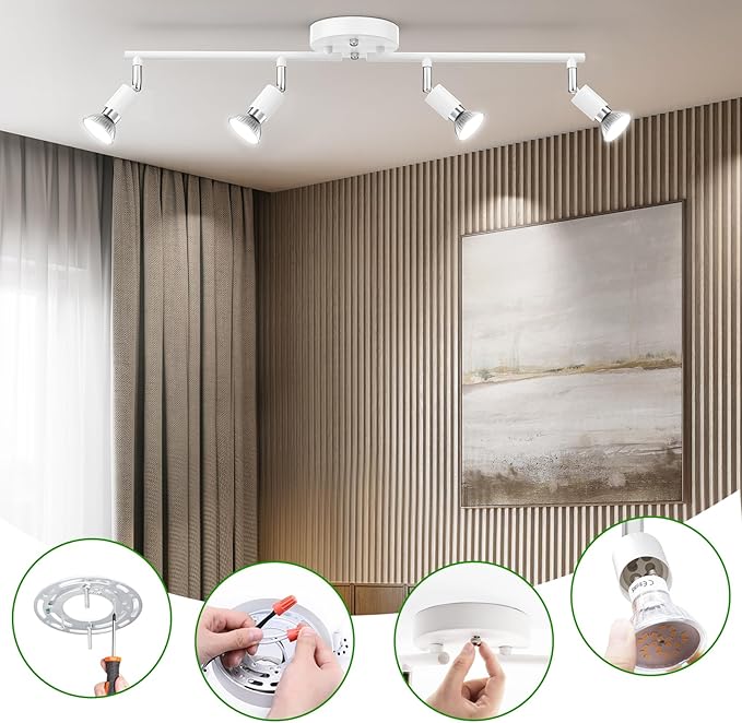 AIBOO Track Lighting Kit, Modern White Ceiling Spot Lighting with Flexibly Rotatable Light Heads, 4 Track Lights for Room/Hallway/Kitchen (GU10 Bulbs Not Included)