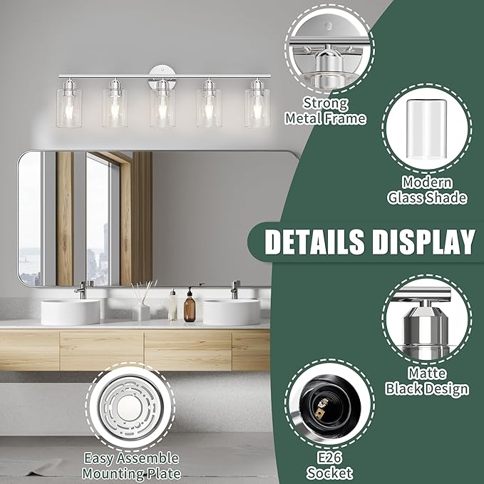 Bathroom Vanity Light Fixtures Polished Chrome Bathroom Lighting Fixture, 5 Lights Bathroom Light Fixture Over Mirror, Modern Black Vanity Light, Wall Sconces with Glass Shades