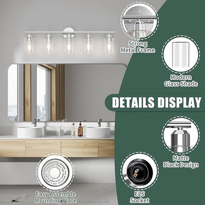 Bathroom Vanity Light Fixtures Polished Chrome Bathroom Lighting Fixture, 5 Lights Bathroom Light Fixture Over Mirror, Modern Black Vanity Light, Wall Sconces with Glass Shades
