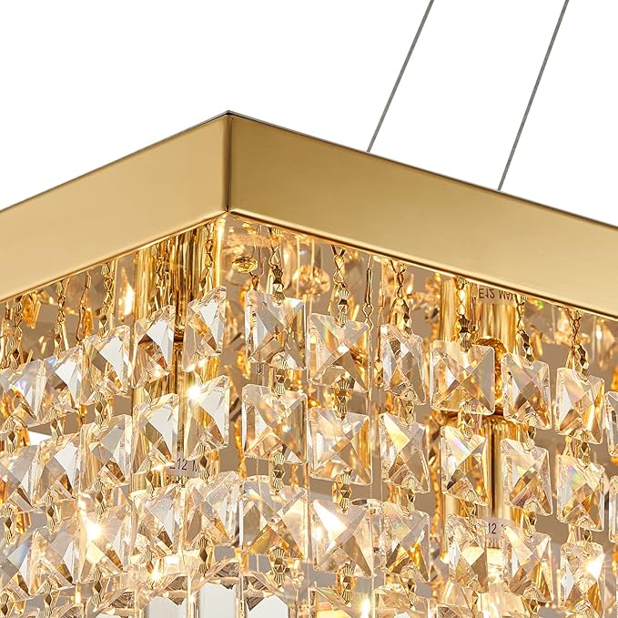 7PM Rectangle K9 Crystal Chandelier Modern Gold Crystal Chandelier Rectangular Pendant Lighting Fixture for Dining Room Kitchen Island Bedroom L47'' x W10'' x H10''