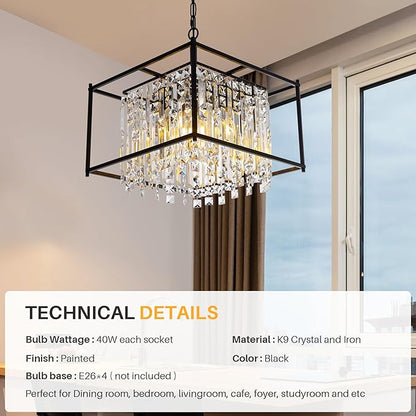 Modern Black Crystal Chandeliers, 16" Dining Room Chandelier, Adjustable Height,Luxury Ceiling Pendant Light Fixture for Entryway Foyer Kitchen Island Bedroom Living Room Hallway
