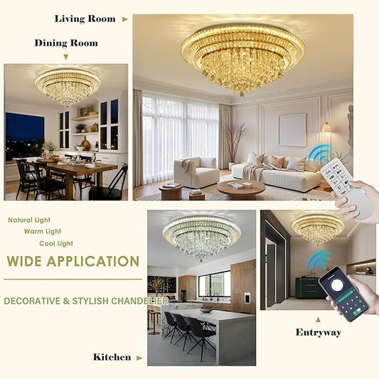 40 inch Flush Mount Crystal Chandeliers with Remote and APP Gold, Modern Elegant LED Crystal Raindrop Ceiling Light Fixture, 3CCT Dimmable, for Living Room Kitchen Island Bedroom Entryway Foyer