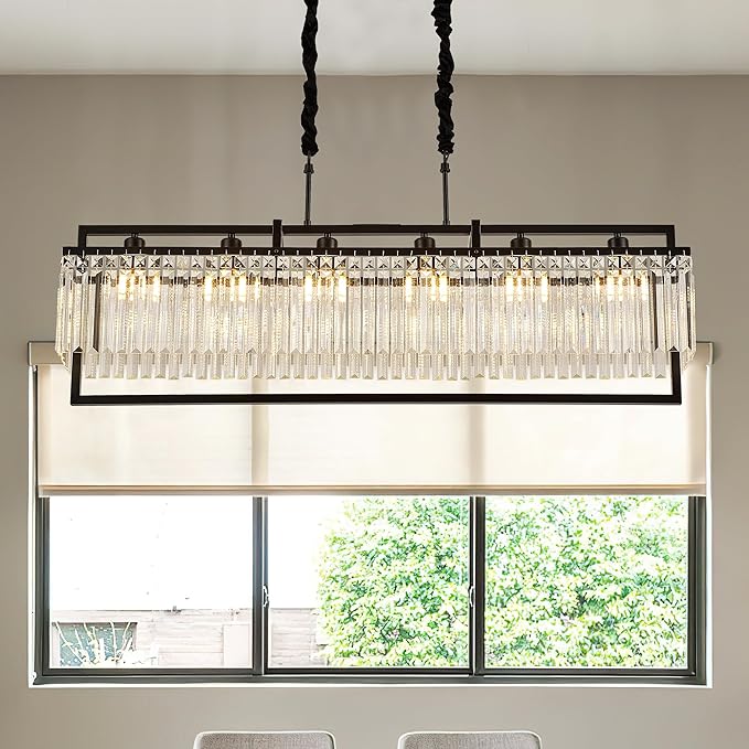 43.7" Modern Black Crystal Chandeliers for Dining Room, Luxury Rectangle 6-Light Kitchen Island Lighting, Linear Hanging Ceiling Pendant Light Fixture for Pool Table Entryway Foyer Hallway