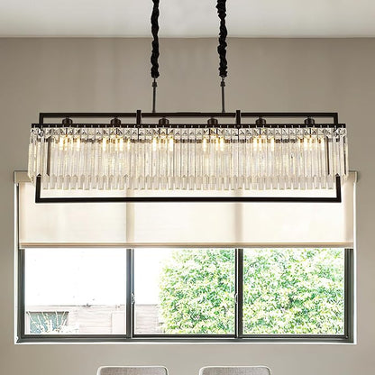 43.7" Modern Black Crystal Chandeliers for Dining Room, Luxury Rectangle 6-Light Kitchen Island Lighting, Linear Hanging Ceiling Pendant Light Fixture for Pool Table Entryway Foyer Hallway
