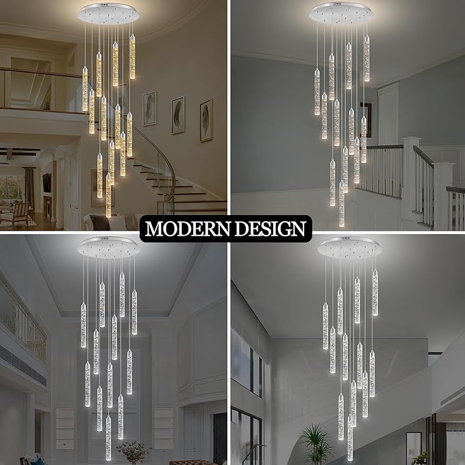 Crystal Staircase Chandelier, Modern Chrome Large Spiral Dimmable LED Cluster Raindrop Foyer Chandelier Lighting, Bubble Living Room Hanging Light Fixture 12 Light Remote Control