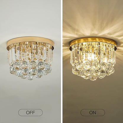 Round Crystal Lamp Chandelier,Modern Gold G9 Ceiling Mount Fixture Dia.9.85" x H8.25 for Living Room Dining Room Hallway (3 Light) …