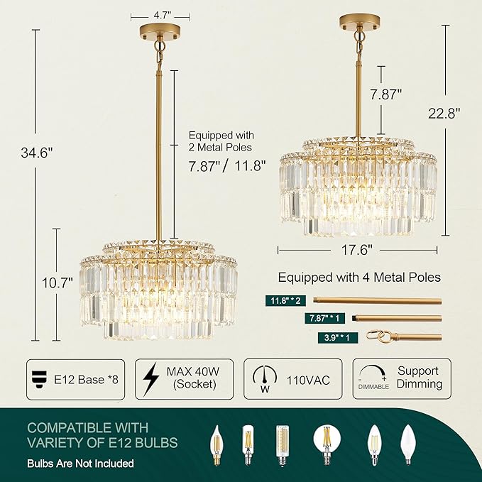 Modern 17.6“ Gold Crystal Chandelier Ceiling Light Fixtures for Dining Room Luxury Glam 8-Light Crystal Chandeliers Lighting for Bedroom Entryway Hallway Living Room Kitchen Island Foyer