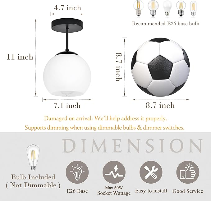 Bagood Black Semi Flush Mount Ceiling Light Fixture Milk Glass Light Fixture Mid Century Flush Mount Ceiling Light Black Flush Mount Ceiling Light Schoolhouse Light Fixture for Dining Room(Bulb Incl.)