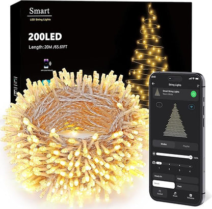 BrizLabs Smart Christmas Lights, 66FT 200 LED Christmas Lights App/Voice Control, Multiple Modes Dimmable Warm White Mini Fairy Light String, Music Sync Party Light Clear Wire for Indoor Outdoor Decor