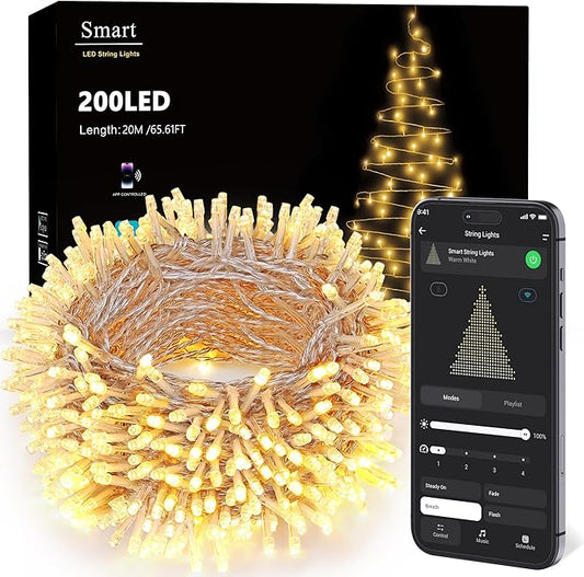 BrizLabs Smart Christmas Lights, 66FT 200 LED Christmas Lights App/Voice Control, Multiple Modes Dimmable Warm White Mini Fairy Light String, Music Sync Party Light Clear Wire for Indoor Outdoor Decor