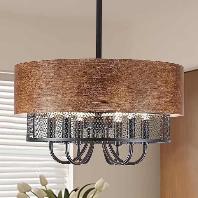 Farmhouse Drum Chandelier for Dining Room, 18" Rustic Black Chandelier with Wood Grain Finish, 6-Light Round Drum Hanging Chandelier Light Fixture for Entryway, Foyer, Living Room, Kitchen, Bedroom