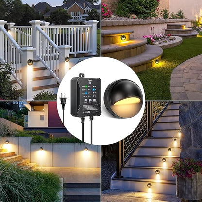 6 Pack Low Voltage LED Deck Lights Kit with Plug-in Transformer, Dusk-to-Dawn Photocell Sensor and Timer, IP67 Waterproof 3000K Outdoor Step Stair Lights for Deck Patio Fence Landscape Lighting