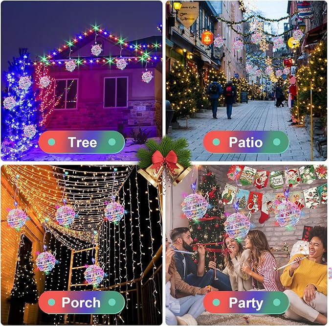 Baung Christmas String Lights Outdoors,4 Pack 7.98" Sphere Ball Tree Garden Globe Lights for Home, Party, Christmas, Porch Patio,Wedding, Garden,Tree Decoration with Memory Function Plug