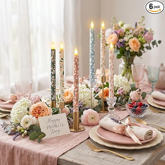 Honoson 6 Pcs Mother's Day Flameless Taper Candles 10.6 Inch Pastel Spring Flower Candles Battery Operated LED Candlesticks for Mother's Day Dinner Table Home Party Decor