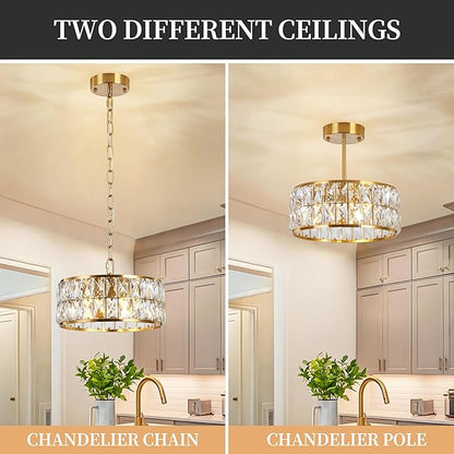 Modern 4-Light Gold Crystal Chandelier Ceiling Light, 12-Inch Small Round Semi Flush Mount Chandelier-Style Ceiling Light for Kitchen Island & Entryway