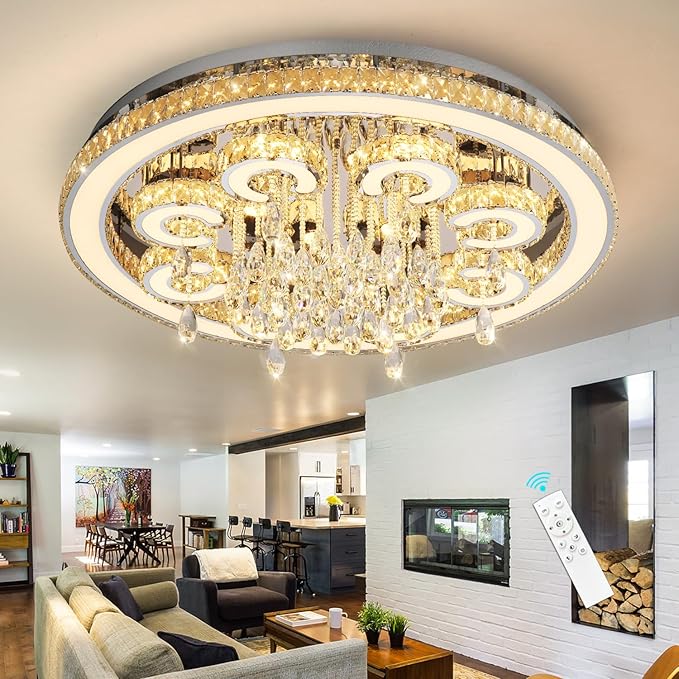 HAIXIANG Modern Chandelier LED Glam Living Room Crystal Light Interior Luxury High Ceiling Chandeliers Remote Dimmable Lights Fixture 40 Inches Silver