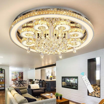 HAIXIANG Modern Chandelier LED Glam Living Room Crystal Light Interior Luxury High Ceiling Chandeliers Remote Dimmable Lights Fixture 40 Inches Silver