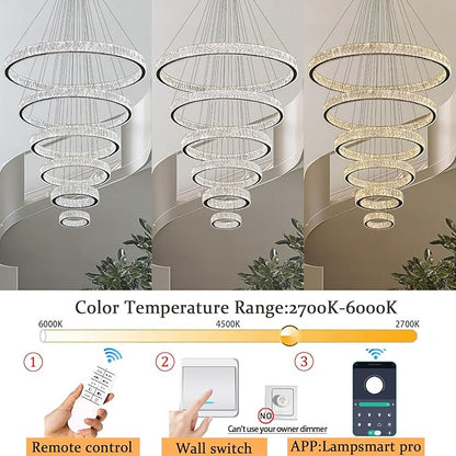 Extra Large 6 Ring Crystal Chandelier Modern LED Long Crystal Chandelier for High Ceiling Height Adjustable Black D8+15.7"+23.6"+31.5"+39.4"+47.5" Dimmable 2700K-6000K