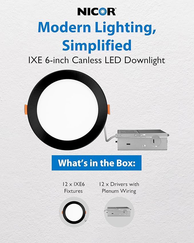 NICOR Lighting Recessed Light Fixtures - IXE 6-in Canless LED Downlight - Dimmable LED Ceiling Light with Edge-Lit Technology - Black, 12 Packs