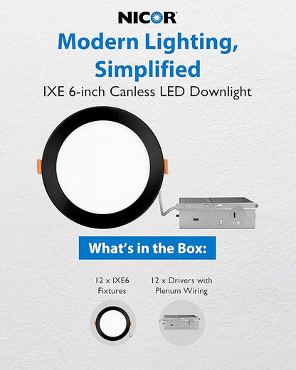 NICOR Lighting Recessed Light Fixtures - IXE 6-in Canless LED Downlight - Dimmable LED Ceiling Light with Edge-Lit Technology - Black, 12 Packs