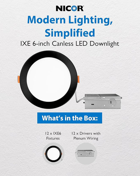 NICOR Lighting Recessed Light Fixtures - IXE 6-in Canless LED Downlight - Dimmable LED Ceiling Light with Edge-Lit Technology - Black, 12 Packs