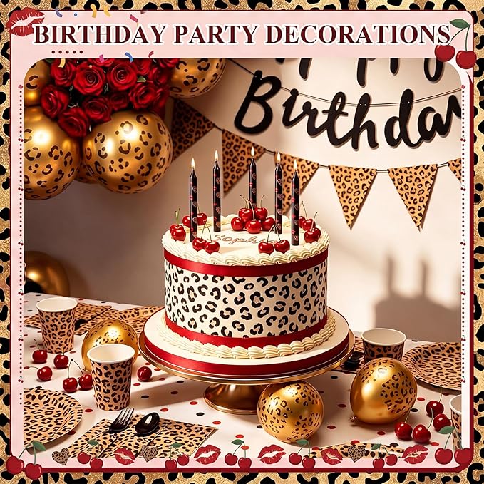 Conelist 12 Pcs Cheetah Cherry Themed Birthday Candles Cartoon Red Black Birthday Decorations Movie Cake Toppers for Themed Party Supplies