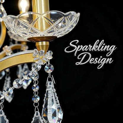 Luxury Antique Gold Crystal Chandeliers with Candle Pendant Ceiling Light Fixture - 6 Lights Polished Golden Bronze Crystal Chandelier for Dining Room, Living Room, Kitchen, Bedroom