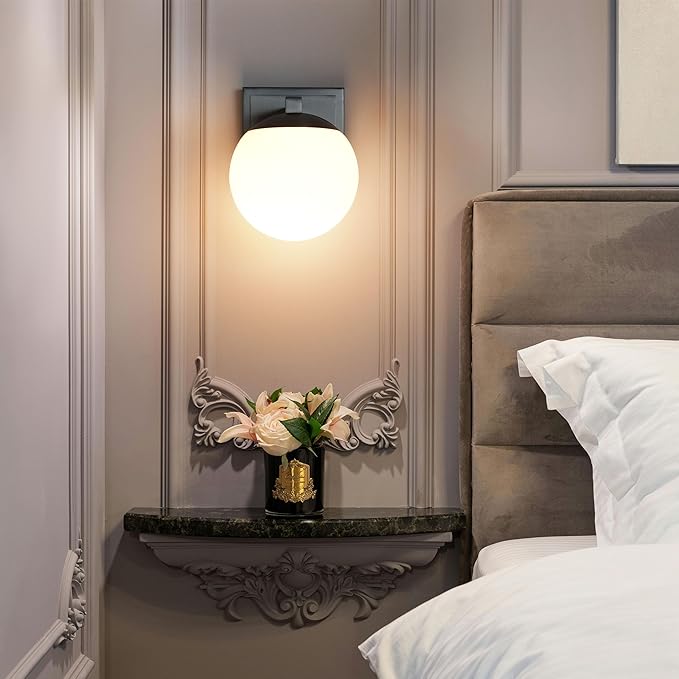 Brshed Nickel Wall Sconce Light, Modern Sconces Wall Lighting, 1 Light Globe Bathroom Vanity Lighting with Opal Glass Shade, Wall Light for Bedroom Bathroom Living Room Entryway Hallway