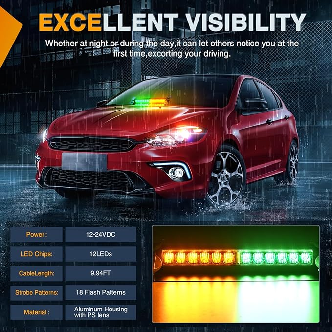 Nilight 12LED Traffic Advisor Strobe Light Bar Amber Green Emergency Warning Hazard Safety Dash Front/Rear Windshield Flashing Lights for Cars Trucks Police Firefighter Plow Construction Vehicles