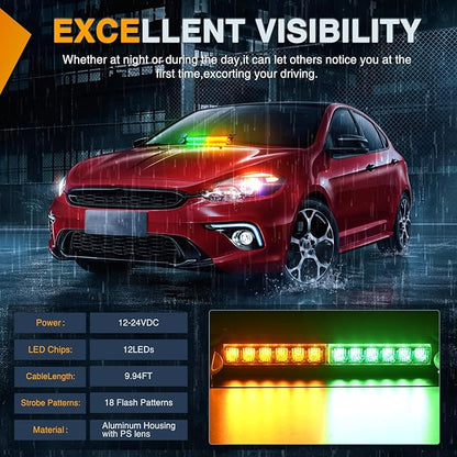 Nilight 12LED Traffic Advisor Strobe Light Bar Amber Green Emergency Warning Hazard Safety Dash Front/Rear Windshield Flashing Lights for Cars Trucks Police Firefighter Plow Construction Vehicles