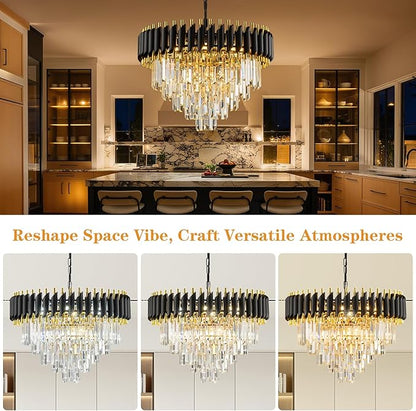 24" Black and Gold Crystal Chandelier Contemporary Large Crystals Chandeliers 5-Tier K9 Crystal Pendant Lamp 8-Light for Dinning Room Living Room Entryway Staircase