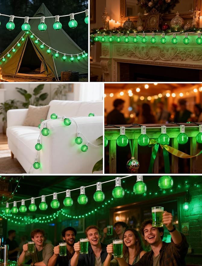 50Ft Outdoor String Lights Green Glow White Wire - Waterproof G40 LED Globe Patio Lights for St. Patrick's Day, Christmas, Garden Fence - 25 Shatterproof Bulbs, Connectable