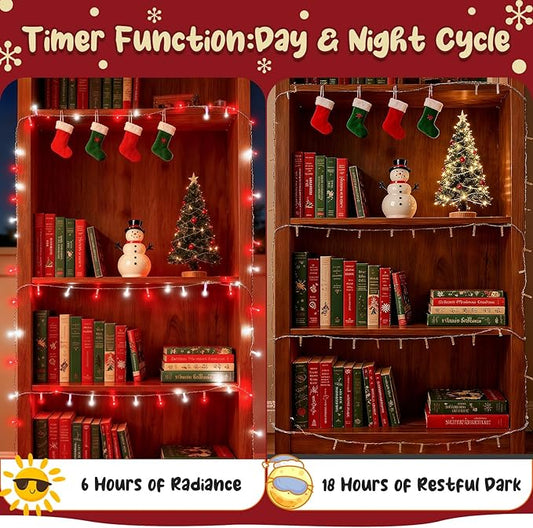 cshare Red and White Christmas Lights Outdoor Battery Operated, Chrristmas String Lights with Timer Waterproof Clear Wire for Indoor & Outdoor Christmas Decorations Garland Party Garden