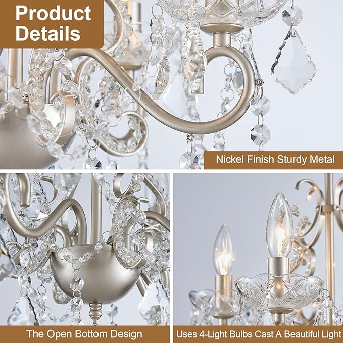 Crystal Chandelier Light Fixture, Modern K9 Crystal Chandeliers for Dining Room 4-Lights Nickel Pendant Ceiling Light Fixture for Entryway Kitchen Island Bathroom Bedroom Living Room, H 21" x W 17.7"
