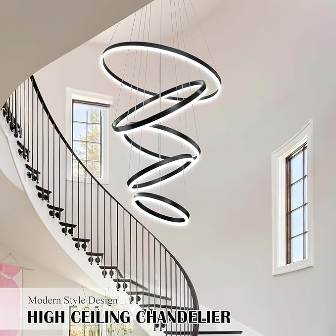 5 Rings Pendant Lights Modern Black Led Chandelier Black Modern Led Pendant Light Dimmable Height Adjustable Chandeliers for Dining Room Bedroom Entryway Living Room Foyer (3000K-6000K)