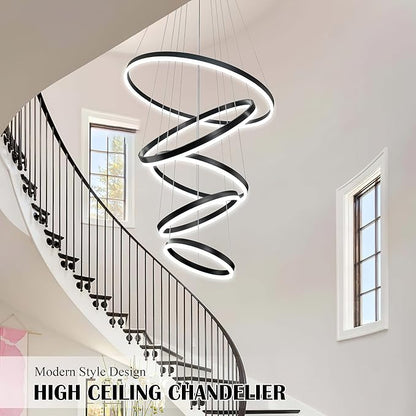 5 Rings Pendant Lights Modern Black Led Chandelier Black Modern Led Pendant Light Dimmable Height Adjustable Chandeliers for Dining Room Bedroom Entryway Living Room Foyer (3000K-6000K)