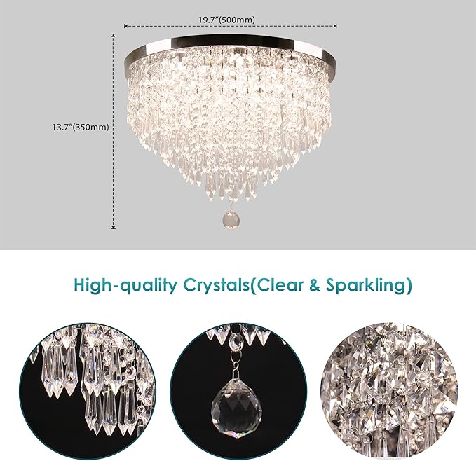 Modern 19.7" Crystal LED Ceiling Light with Remote Control, Flush Mount Chandelier, Dimmable & 3 CCT, 5-Tier K9 Crystal, Chrome Finish for Living Room Bedroom Dining Room