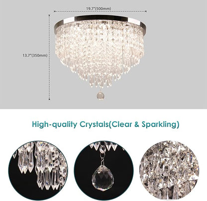 Modern 19.7" Crystal LED Ceiling Light with Remote Control, Flush Mount Chandelier, Dimmable & 3 CCT, 5-Tier K9 Crystal, Chrome Finish for Living Room Bedroom Dining Room