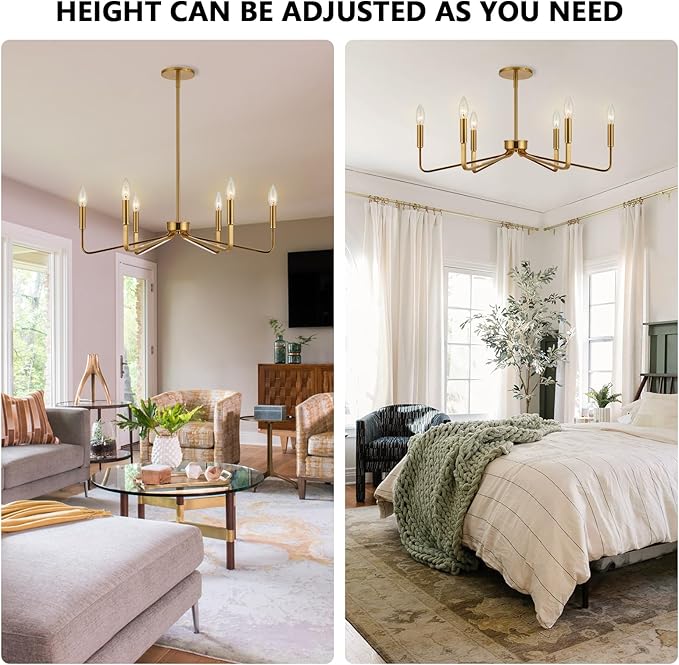 Brushed Gold Chandeliers for Dining Room, 6-Light Modern Farmhouse Chandelier, Brass Candle Style Hanging Light Fixture for Living Room Bedroom Kitchen Island