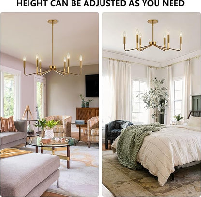 Brushed Gold Chandeliers for Dining Room, 6-Light Modern Farmhouse Chandelier, Brass Candle Style Hanging Light Fixture for Living Room Bedroom Kitchen Island