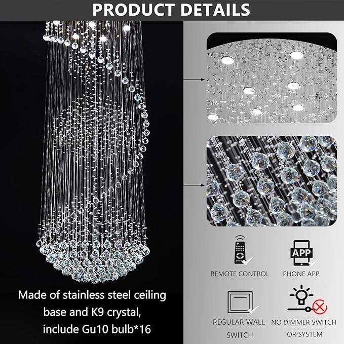 D40'' x H120'' Crystal Chandelier High Ceiling Chandeliers for Staircaes Large Raindrop Chandeliers LED Dimmable Flush Mount Light Fixtures for Foyer Hallway Entryway LED Bulbs Included Silver