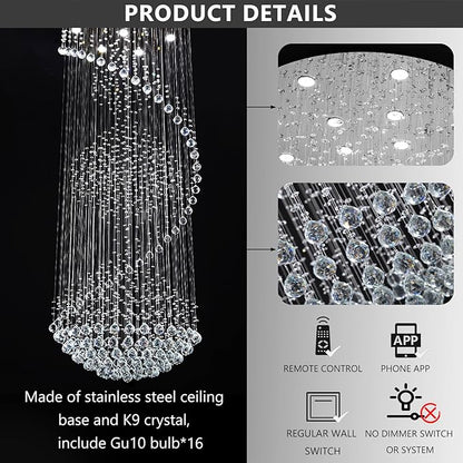D40'' x H120'' Crystal Chandelier High Ceiling Chandeliers for Staircaes Large Raindrop Chandeliers LED Dimmable Flush Mount Light Fixtures for Foyer Hallway Entryway LED Bulbs Included Silver
