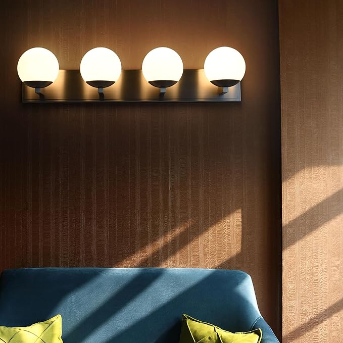 Bathroom Vanity Light Fixtures, 4-Light Globe Bathroom Lighting Fixtures Over Mirror, Modern Wall Lights for Living Room, Long Backplate, Standard E26 Base, Brushed Nickel