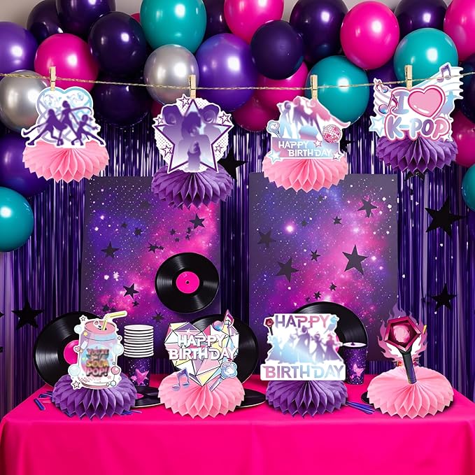 8 Pcs Kpop Party Decoration, Pink Purple Music Theme Honeycomb Centerpieces 3D Double Sided Table Decor Supplies for K-Pop Music Party Decorations