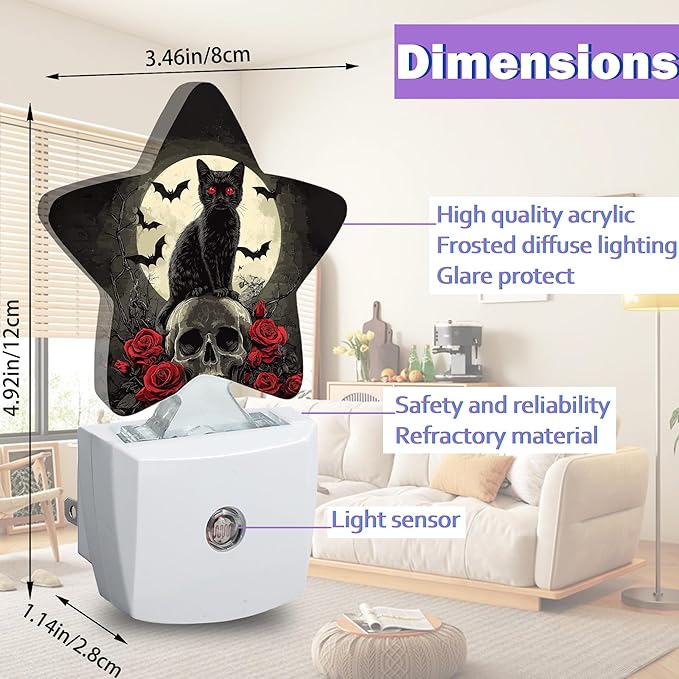 Gothic Black Cat Night Light for Kids,Halloween Skull Bat Rose Flower Night Lights Plug Into Wall, Lightweight Dusk To Dawn Light Sensor Warm Nightlights for Girls Boys Bedroom Nursery Basement